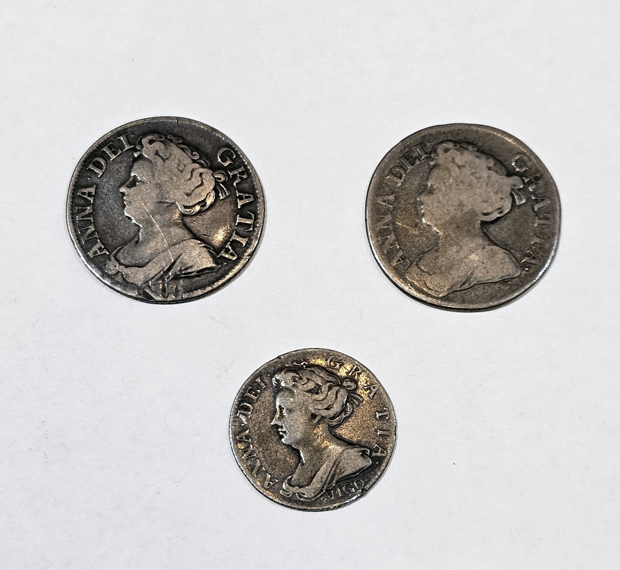 Queen Anne (1702-14), silver coinage, 1711 shillings x 2, 1705 Vigo sixpence (please note VAT will - Image 2 of 2