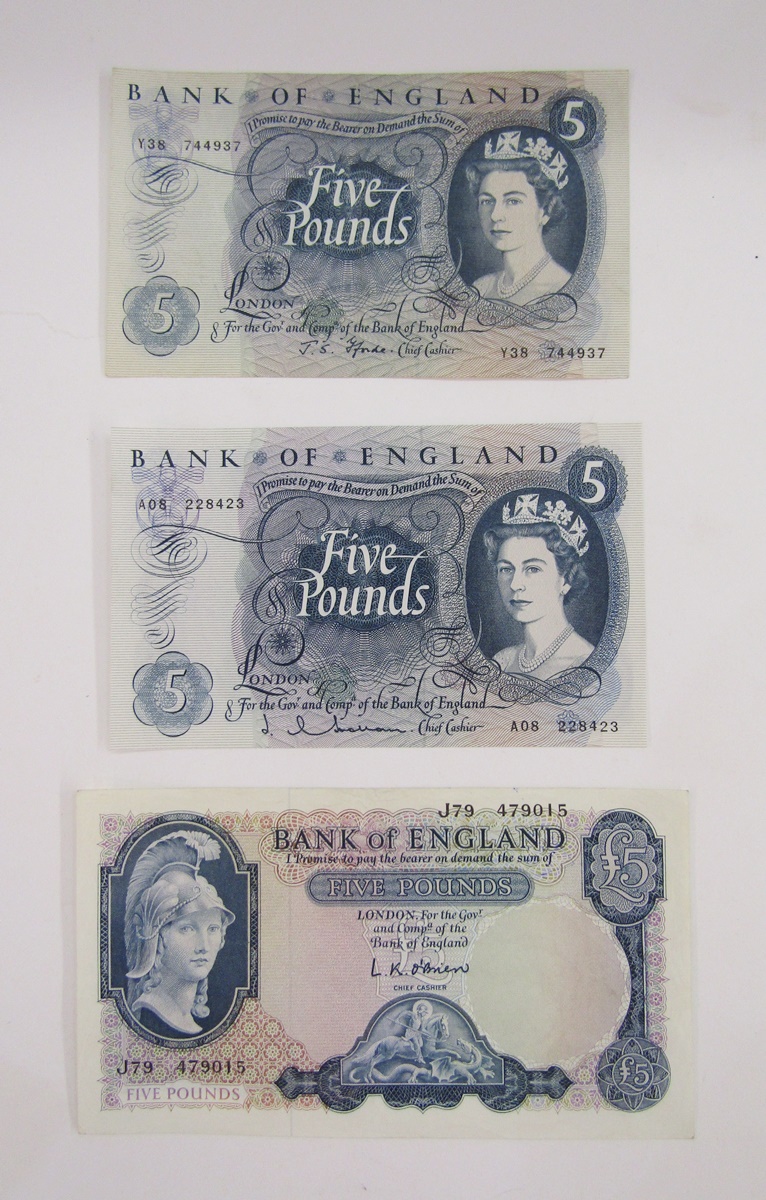 3 x Bank of England five pound notes (1) series B helmeted Britannia, signed L K O'Brien, prefix J79