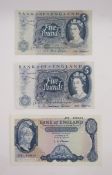 3 x Bank of England five pound notes (1) series B helmeted Britannia, signed L K O'Brien, prefix J79