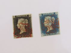 GB stamps: Fine Penny Black ‘SL’ (SG 2) and first issue 2d Blue ‘CK’ (SG 5), both 4 margin & red