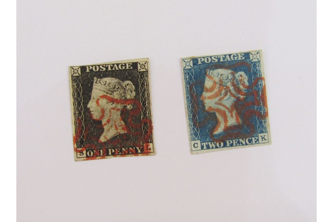 GB stamps: Fine Penny Black ‘SL’ (SG 2) and first issue 2d Blue ‘CK’ (SG 5), both 4 margin & red - Image 1 of 4