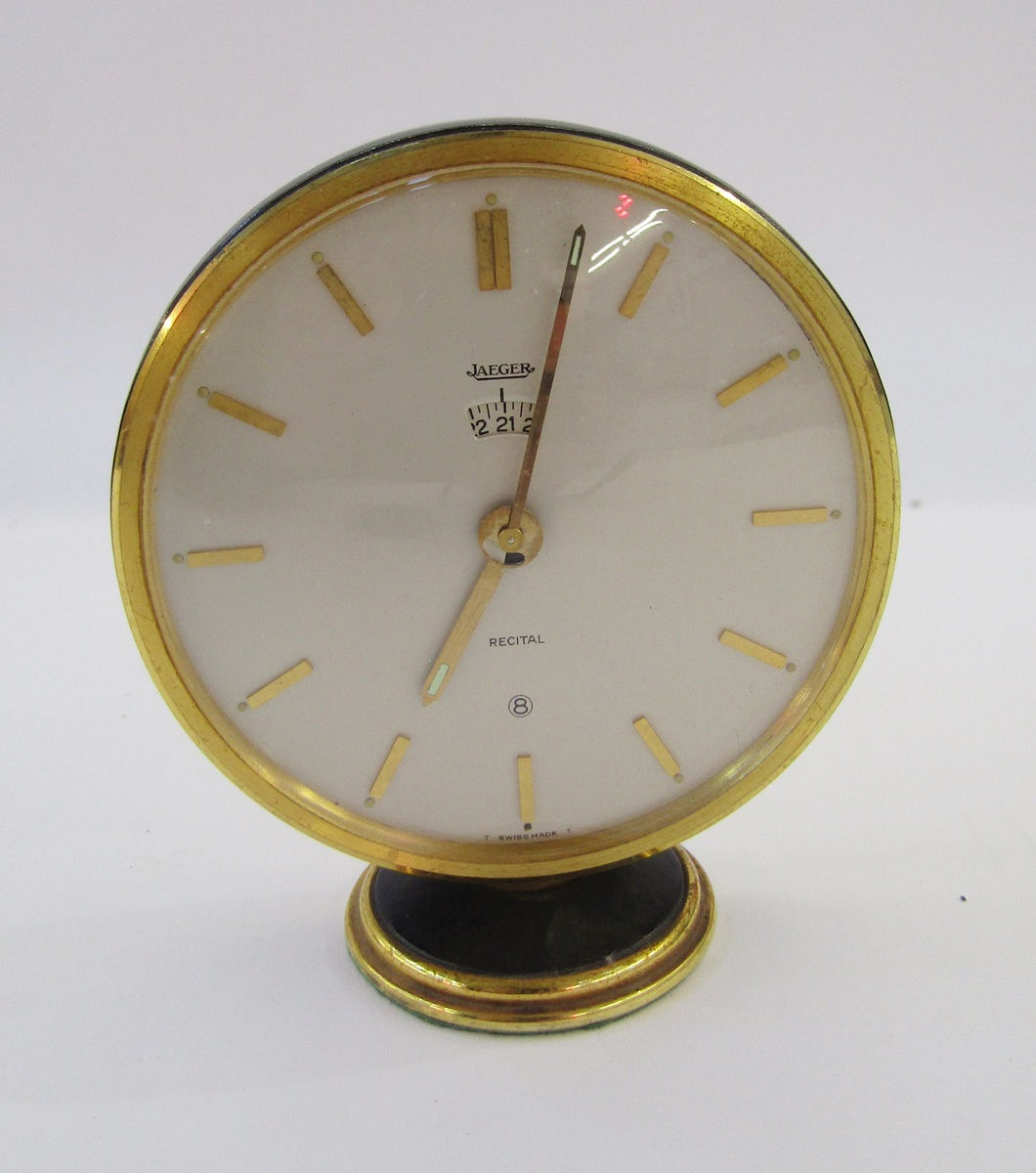 Mid-20th century Jaeger Recital eight-day desk clock circa 1972 with circular dial, having gilt