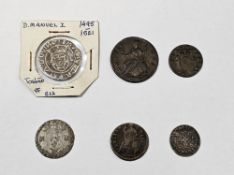 Group of coins (6), George III halfpenny good fine, George II 1744 Irish farthing, Charles II