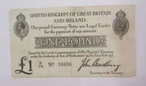 Treasury Note £1, signed John Bradbury, serial number V78 No 91658, creased, small turn-up on