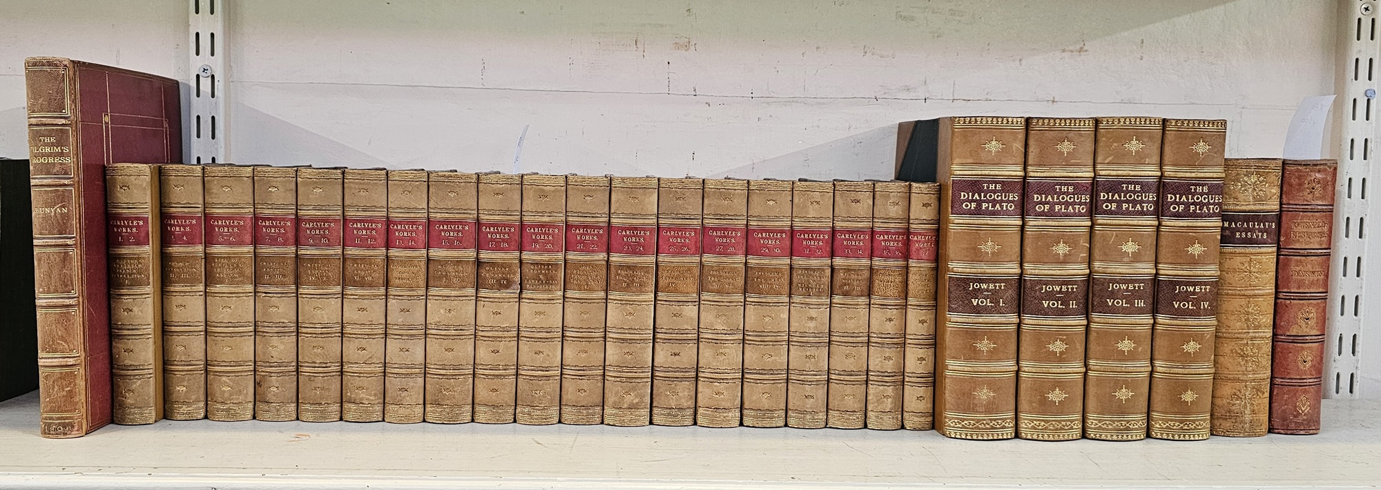 Fine bindings Carlisle's Works in 19 vols, half leather over marbled boards, Jowett "The Dialogues