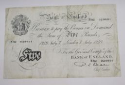 Bank of England £5, signed P S Beale (1949-1952), prefix N82 029891, stained and folds, small pin