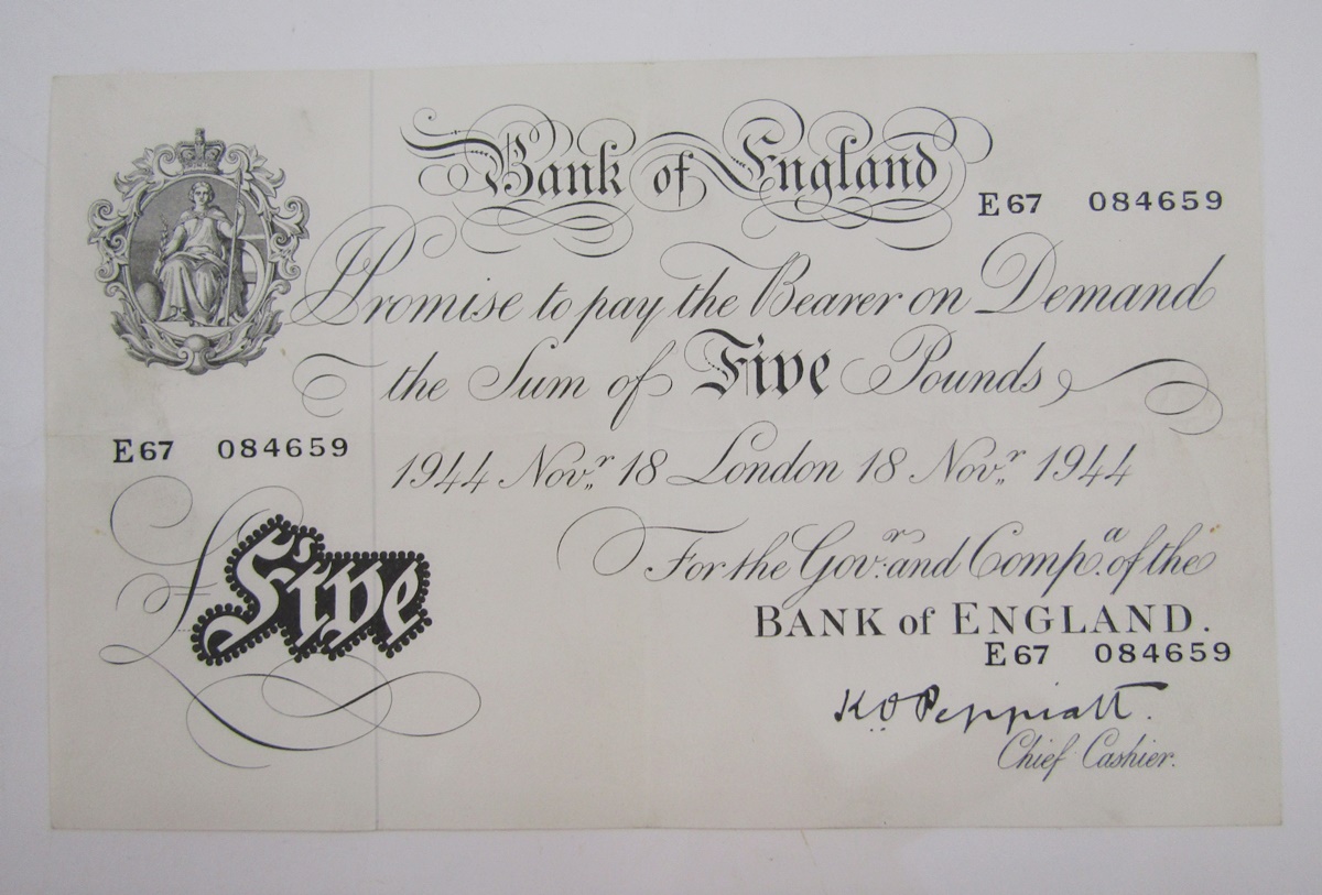 Bank of England £5, signed K O Peppiatt (1944-45), prefix E67 084659, note has been folded, very