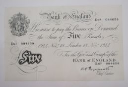 Bank of England £5, signed K O Peppiatt (1944-45), prefix E67 084659, note has been folded, very
