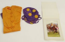 JOCKEY SILKS -  jacket and cap - the cap purple with yellow spots, the jacket yellow with purple