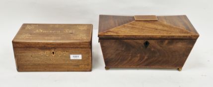 Early 19th century rosewood tea caddy of rectangular form, the hinged lid inlaid with scrolling