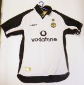 Five vintage Manchester United and England jerseys including white kit size M, two England youth