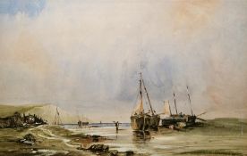 John Francis Salmon (1808-1886) Watercolour Coastal scene with fishermen and boats, signed lower