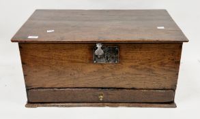 18th century oak bible box of plain rectangular form with hinged lid and drawer below, 30cm high x