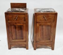 Pair of Art Deco walnut bedside cabinets, each with inset marble tops over a drawer and single