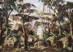 20th century African school Oil on board African village scene with figures and huts in wooded