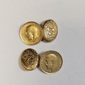 Pair of George V half sovereign gold cufflinks, one dated 1911 and the other 1913, attached to