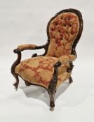 Victorian mahogany framed open armchair with button back orange and brown floral patterned
