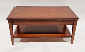 Modern yew wood rectangular coffee table with two brushing slides and shelf below, 47cm high x 100cm