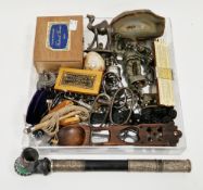 Mixed lot of small collectable items including agate slice, bronze lion lock, three metal animals,