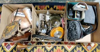 Mixed lot of collectable items including mounted roe deer antlers, copper saucepan with lid,