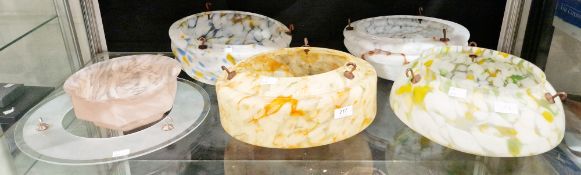 Five 1930's / 1940's mottled colour glass ceiling plafonnier light shades with hooks, largest 31cm