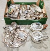 Large collection of silver plated items including sugar shakers, teapots, serving trays, sugar
