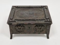 Art Nouveau French bronze casket, the lid with relief decoration of the head of a young woman