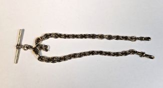 9ct gold albert chain with 9ct gold T-bar and two 9ct gold lobster clasps, 44.5g approx. Condition