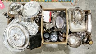 Large collection of silver plate including lidded tureens, candlesticks, serving trays, flatware,