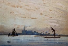 Eric Walter Powell (1886-1933) Watercolour Estuary scene at dusk with boats and factory in distance,