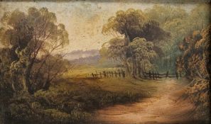 19th century school Oil on card Woodland landscape with path, unsigned, framed, 17cm x 28cm