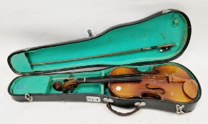 Chinese violin and bow in case, violin 57cm long