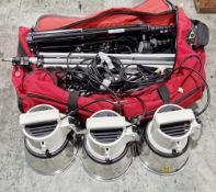 Studio set up comprising three inter-fit Tungsten 3200 lamps, stands, a Mets 45CT-1 flash,