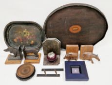 Mixed lot including an Edwardian mahogany inlaid oval serving tray with wavy gallery, 50cm long,