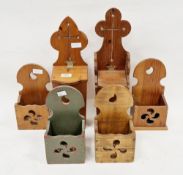 Two pine ecclesiastical candle boxes with hinged sloping lids together with four wooden open