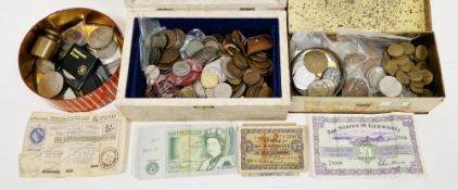 Collection of coins and notes including pre-decimal and decimal British coins, euros and other