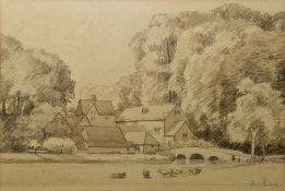 Lilian Roome (20th century) Pencil and wash Rural scene with cattle and farm buildings, signed lower