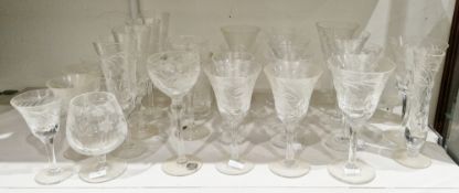 Royal Brierley cut and etched part table-service, comprising: wine glasses in sizes, flutes and