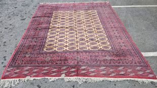 Large green ground carpet with thirteen rows of six elephant foot guls, multiple geometric borders