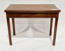 George III mahogany rectangular fold-over card table, the hinged top with moulded edge, on square