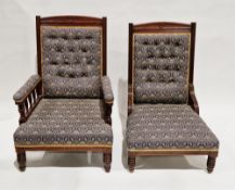 Edwardian matching 'His and Hers' parlour chairs, each with a top rail carved with a patera and