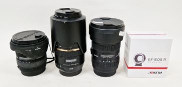 Three camera lenses and an adapter - Tamron for Canon SP 70-300mm F/4-5.6 lens with JJC LH-HA005