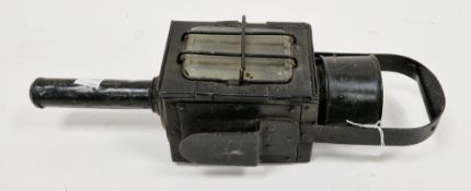 Late 19th / early 20th century carriage lamp, black metal with three bevelled glass panels, 45cm