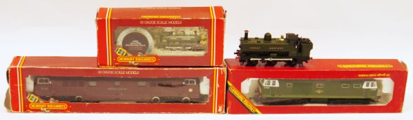 Three boxed Hornby 00 gauge locomotives to include R.059 GWR class 2721 loco pannier tank, R.368