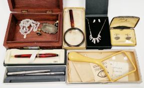 Mixed lot of collectables including silver presentation spirit label, wooden box, two Parker