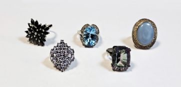Five silver dress rings, all set with coloured stones and sizing between N and O