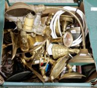 Collection of brassware including an adjustable table lamp, a model of Concorde, set of graduating