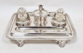 Elkington silver plated inkstand or standish of rectangular form with rounded corners with two pen