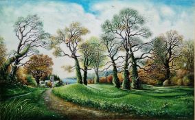 David White (20th century) Watercolour/gouache Woodland scene with path, church and lake beyond,