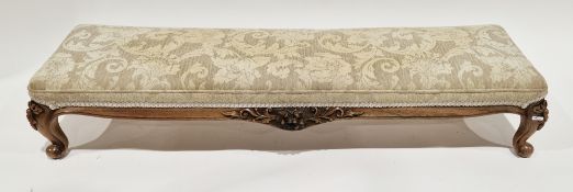 Victorian long stool with upholstered padded seat and rosewood base carved with flowers and foliage,